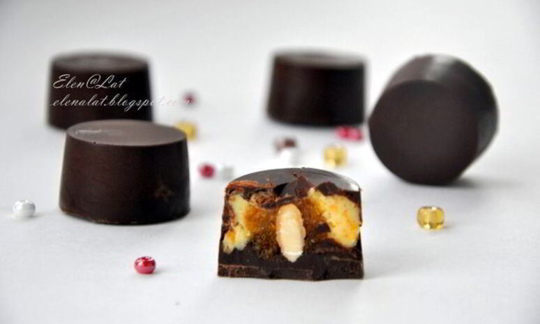 Рецепт шоколадные конфеты с тыквенным кремом, мандариновым мармеладом и миндалем