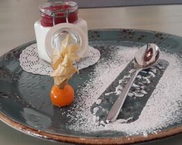 Панна котта с брусничным соусом и физалисом