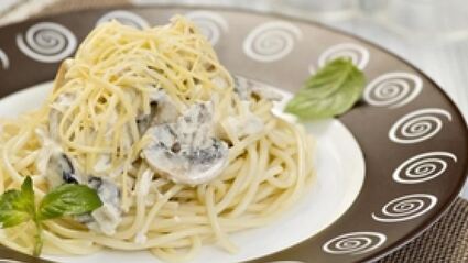 спагетти в сливочном соусе с куриным филе и шампиньонами