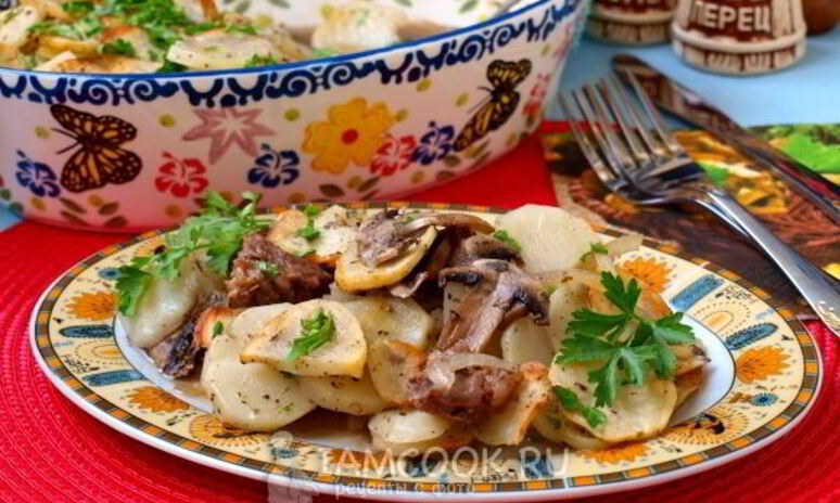 Рецепт говядина с грибами и картошкой в духовке