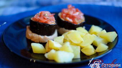 баклажаны с пюре из белой фасоли и картофелем