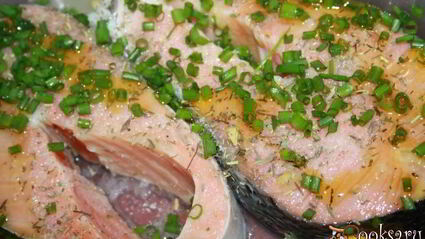 лосось с луком на гриль-доске на мангале