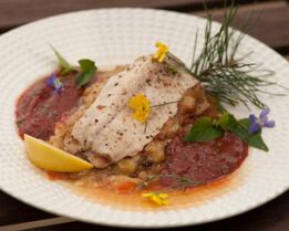 Жареный карп с кабачковой икрой и сосновыми иголками