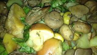 Теплый салат с куриной печенью и каштанами