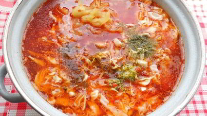 борщ со свиными ребрышками и молодыми овощами