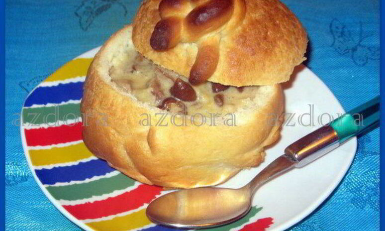 Рецепт грибной суп со сливками и сыром в хлебных горшочках-мешочках