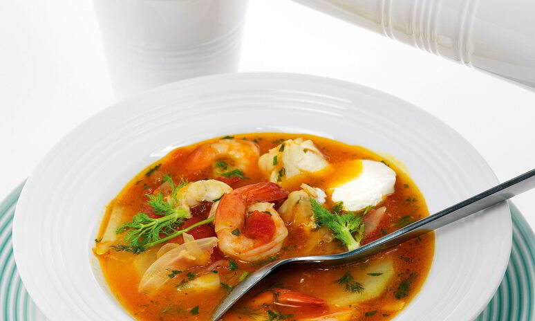 Рецепт суп из помидоров, фенхеля, трески и креветок