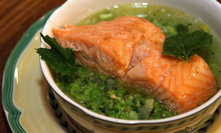 Рецепт семга с супом-пюре из зеленого горошка