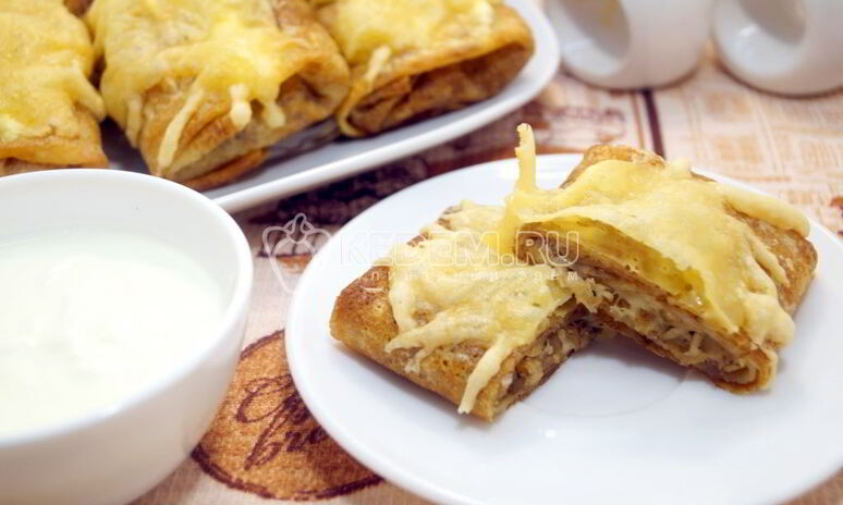 Рецепт запеченные блины с курицей и грибами