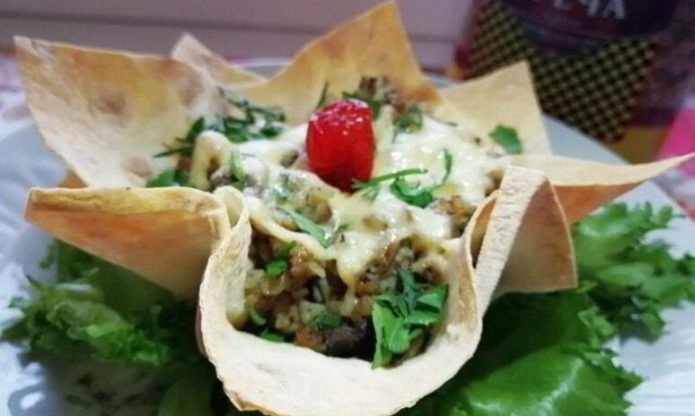 Рецепт греча с печенью в корзинке из лаваша