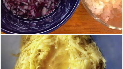 вегетарианские сосиски с квашеной капустой на лепешке из кабачков с яблочно-морковным пюре