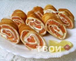 Рулетики из блинов с лососем